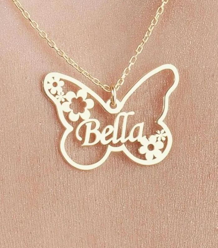 Personalized Butterfly and Flower Name Necklace